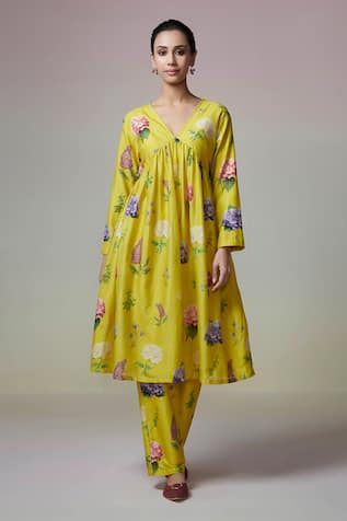 Dressfolk Lemon Bloom Floral Print Chanderi Kurta & Pant Set 