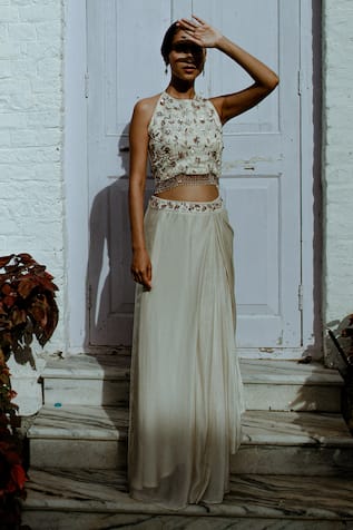 Pavone by Akanksha Chopra Floral Motif Hand Work Blouse With Dhoti Skirt 