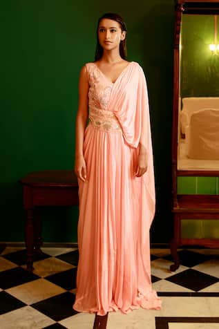 Pavone by Akanksha Chopra Hand Work Gown With Attached Drape 