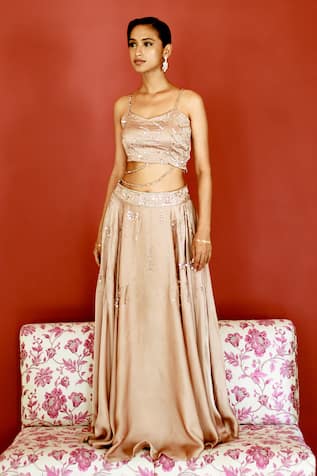 Pavone by Akanksha Chopra Hand Work Spaghetti Strap Blouse With Lehenga 