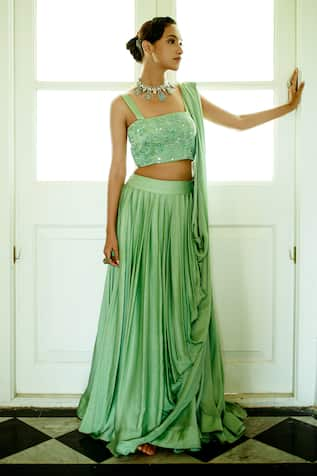 Pavone by Akanksha Chopra Mirror Hand Work Blouse With Lehenga 