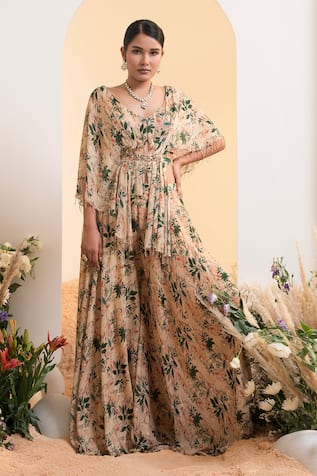 PRESTO COUTURE Floral Print Cape Blouse With Sharara 