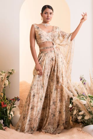 PRESTO COUTURE Floral Print Pre-Draped Sharara Saree With Belt 