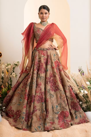 PRESTO COUTURE Floral Pattern Lehenga With Attached Drape Blouse 