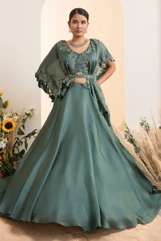 PRESTO COUTURE Solid Lehenga With Embroidered Cape Blouse 