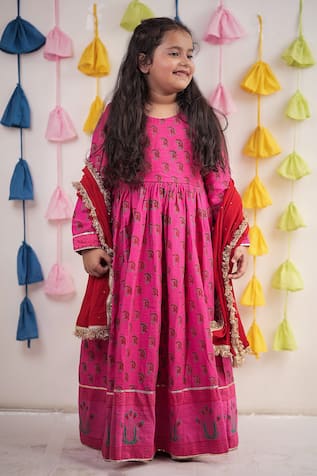 TINY COLOUR Paisley Block Print Anarkali with Dupatta 