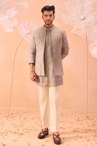 Contrast By Parth Misty Hand Embroidered Nehru Jacket & Kurta Set 