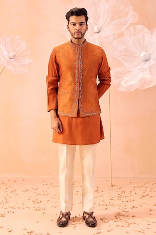 Contrast By Parth Floral Hand Embroidered Nehru Jacket & Kurta Set 