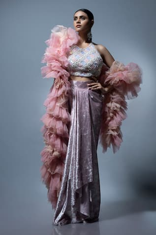 Ellemora Fashions Icy Charm Embellished Blouse Draped Skirt Set 