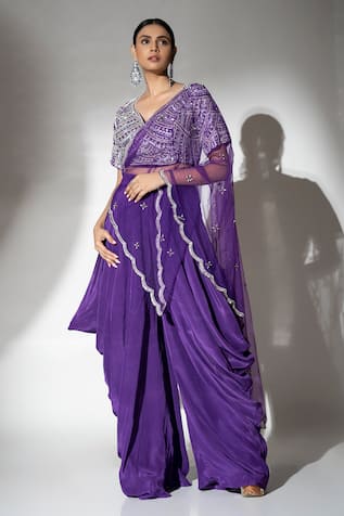 Ellemora Fashions Regal Embellished Blouse Drape Pant Set 