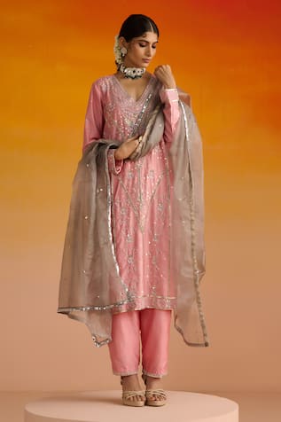 OHH CROW Sequined Embroidered Kurta Pant Set 