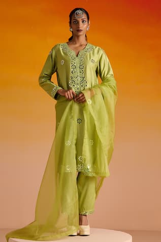 OHH CROW Mirror & Beads Embroidered Kurta Pant Set 