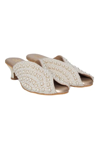 Pearl Embellished Off White Mules 