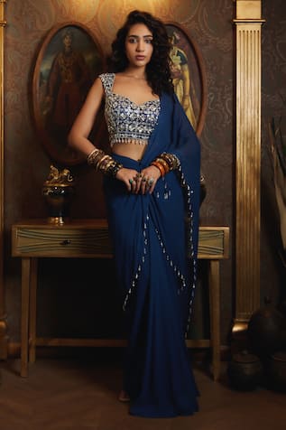 DiyaRajvvir Pre-Draped Saree With Geometric Embroidered Blouse 