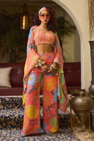 DiyaRajvvir Floral Print Cape Flared Pant Set 