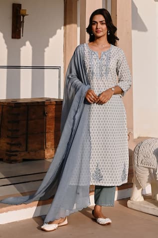 KARAJ JAIPUR Cotton Straight Butti Print Kurta Pant Set 