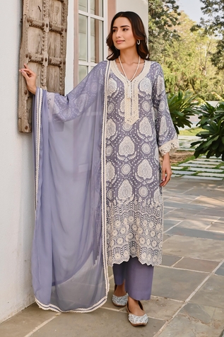 KARAJ JAIPUR Muslin Orchid Print Kurta Pant Set