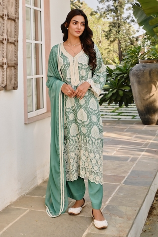 KARAJ JAIPUR Straight Muslin Orchid Print Kurta Pant Set