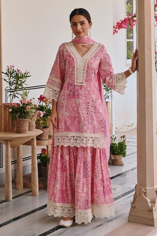 KARAJ JAIPUR Floral Tile Print Kurta Sharara Set 