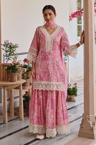 KARAJ JAIPUR Floral Tile Print Kurta Sharara Set