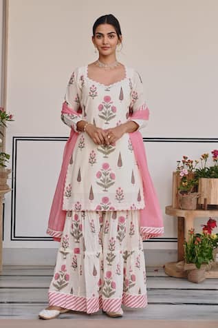 KARAJ JAIPUR Floral Bud Print Kurta Sharara Set 