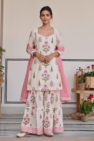 KARAJ JAIPUR Floral Bud Print Kurta Sharara Set