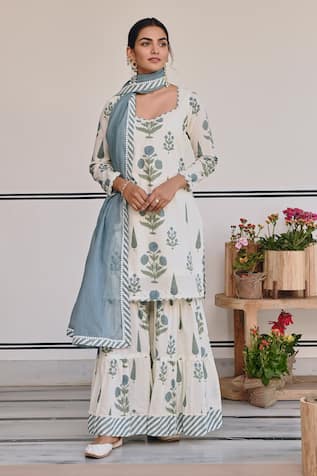 KARAJ JAIPUR Straight Floral Bud Print Kurta Sharara Set 