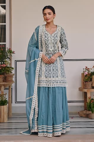 KARAJ JAIPUR Floral Jaal Print Kurta Lehenga Set 