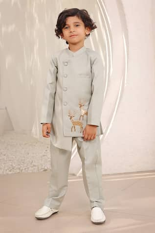 FAYON KIDS Asymmetric Deer Motif Embroidered Bandhgala & Pant Set 