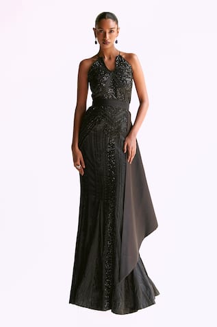 Manika Nanda Cosmic Sequin Embroidered Halter Neck Gown With Belt 