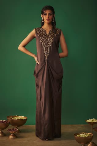 Mehak Murpana Floral Yoke Embroidered Draped Gown 