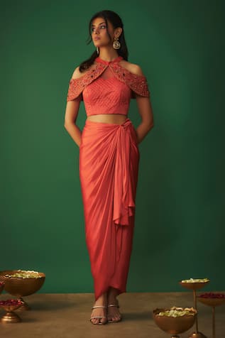 Mehak Murpana Embroidered Top & Dhoti Draped Skirt Set 