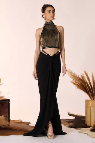 S&N by Shantnu Nikhil Metallic Foil Embellished Halter Neck Crop Top 