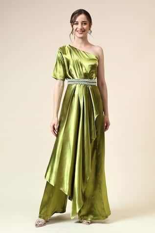 Aakaar Metallic Draped Jumpsuit With Belt 