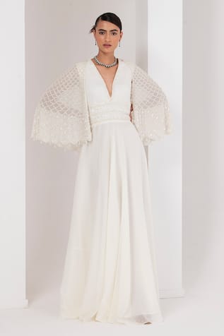 AKARA Divine Scallop Pearl Embellished Cape With Dress 