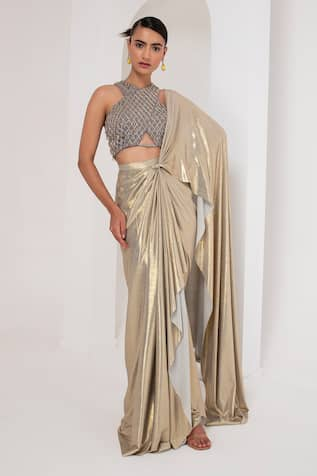 AKARA Metallic Pre-Draped Saree With Crystal Tassel Blouse 