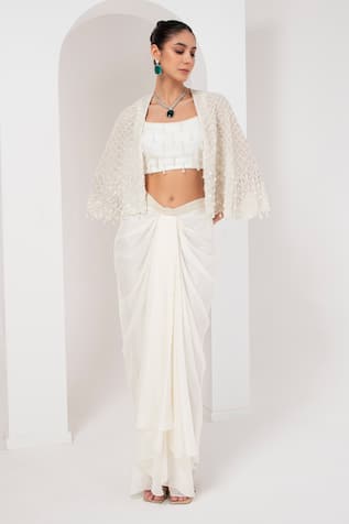 Akara Divine Scallop Pearl Embellished Cape Draped Skirt Set 