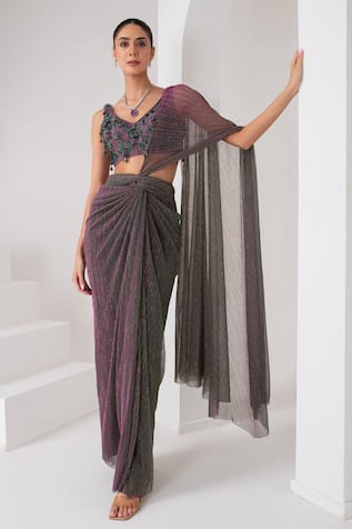 AKARA Metallic Pre-Draped Saree With Bloom Crystal Blouse 