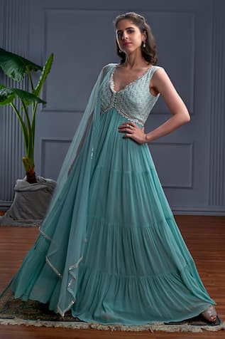 Christina Liros Gathered Tiered Embroidered Yoke Anarkali With Dupatta 