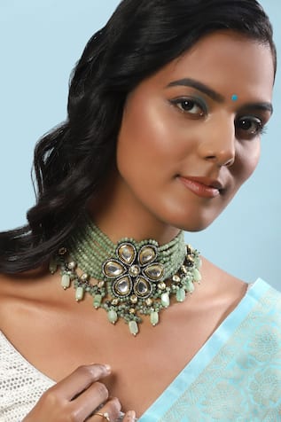 Ruby Raang Kundan Beaded Green Choker Necklace 
