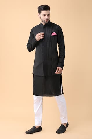 Black Dori Embroidered Bundi Jacket Set For Kids