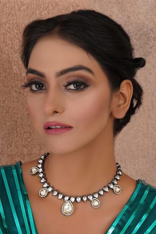 Ruby Raang Teardrop Kundan Embellished Necklace 