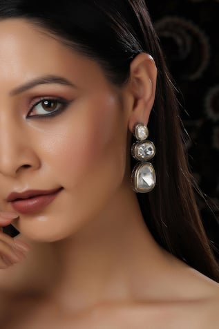 Ruby Raang Silver Geometric Kundan Earrings 