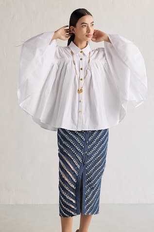 Mellowdrama Batwing Sleeves Pleated Yoke Shirt 