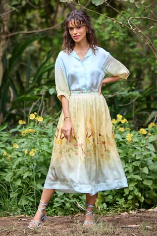 Pozruh by Aiman Cypress Floral Print Shaded Skirt With Shirt 