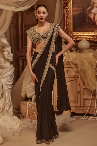 Roqa Caelia Scallop Border Embroidered Pre-Draped Saree With Blouse 