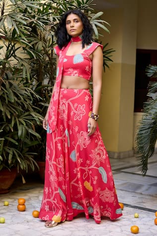 BAARO MASI Abstract Floral Print Lehnga Set With Scarf 