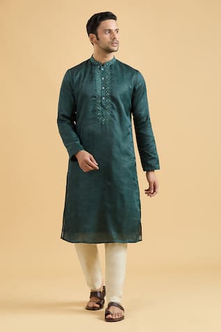 Aryavir Malhotra Placed Mirrorwork Placket Kurta With Pant 