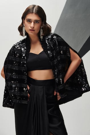 House of Zeniaa Night Aura Sequin Embellished Cape 