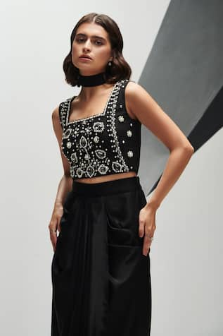 House of Zeniaa Pearl & Stone Embellished Crop Top 